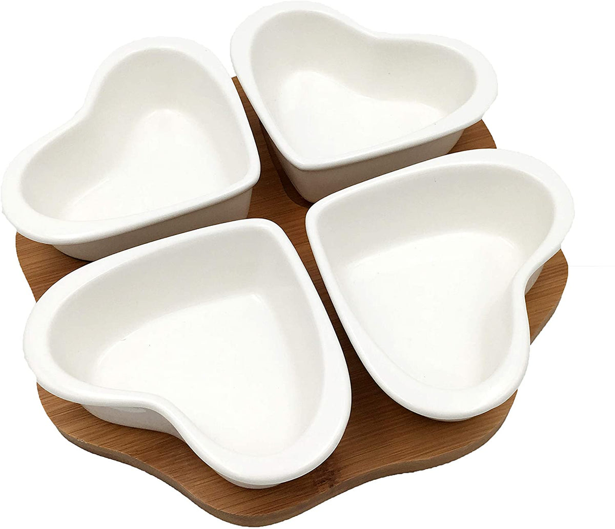 4er Servier- und Snackschalen-Set 4 Herzen Keramik Weiß mit Tablett aus echtem Bambusholz