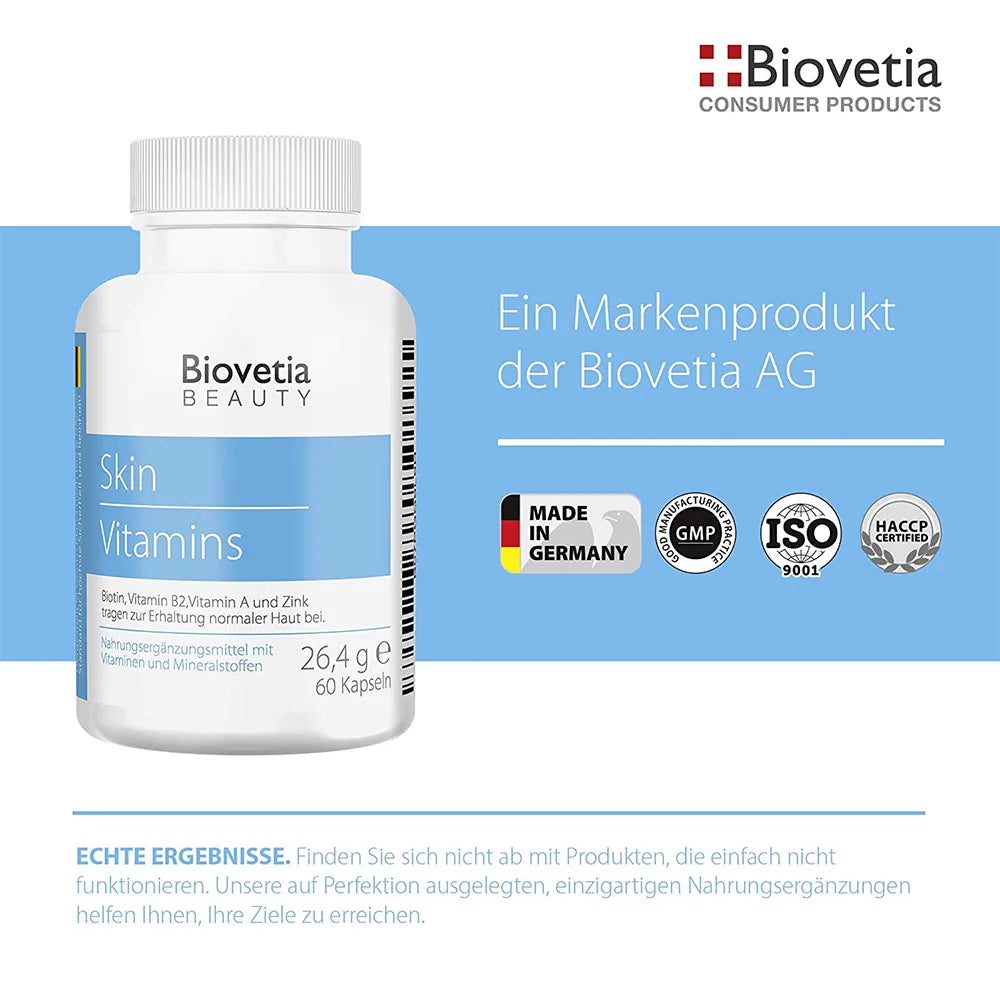 Haut Vitamine Kapseln für die Haut am ganzen Körper mit Experten-Rezeptur, Hautvitamine mit Biotin und Zink, 60 Kapseln