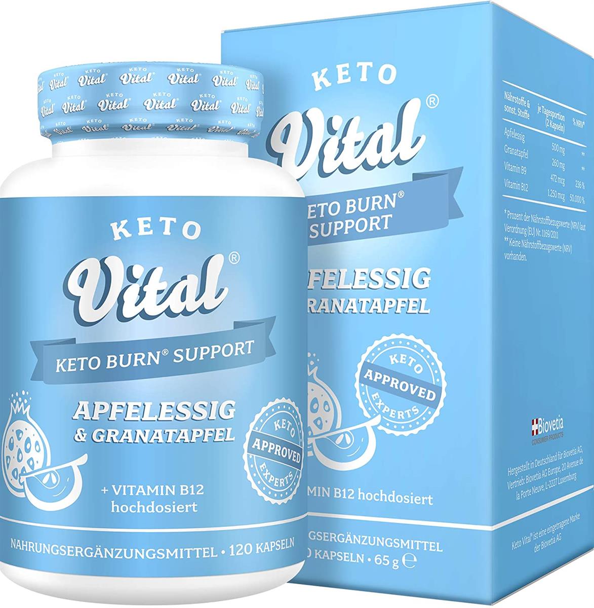 Keto Vital Keto Burn Support vegan mit Apfelessig und Granatapfel während ketogener Diät, 120 Kapseln im 2 Monatsvorrat