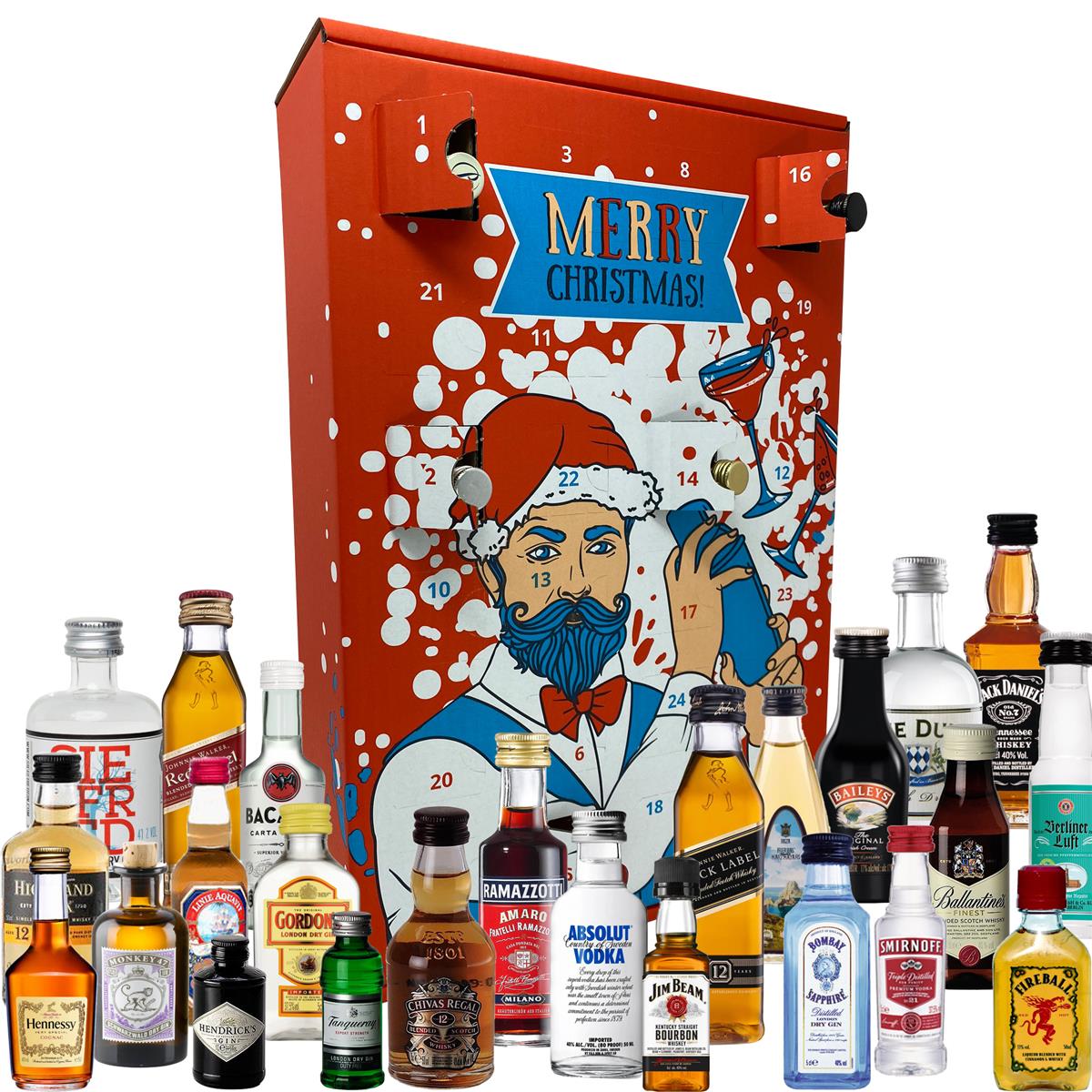 Außergewöhnlicher Spirituosen Adventskalender - hochwertige Miniaturen mit Rum, Whisky, Vodka, Gin