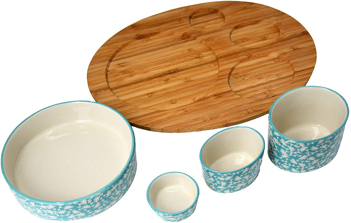 4 Asiatische Servierschalen im blau-Creme Farbton - Schalen Set aus hochwertigem Keramik - inklusive Tablett aus echtem Bambusholz