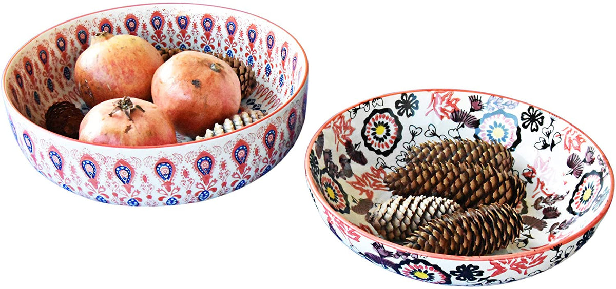 Servierschale aus Keramik - Salatschüssel mit rot Blauer Bemalung Geeignet als Suppenschüssel, Snackschüssel und Keramikschüssel