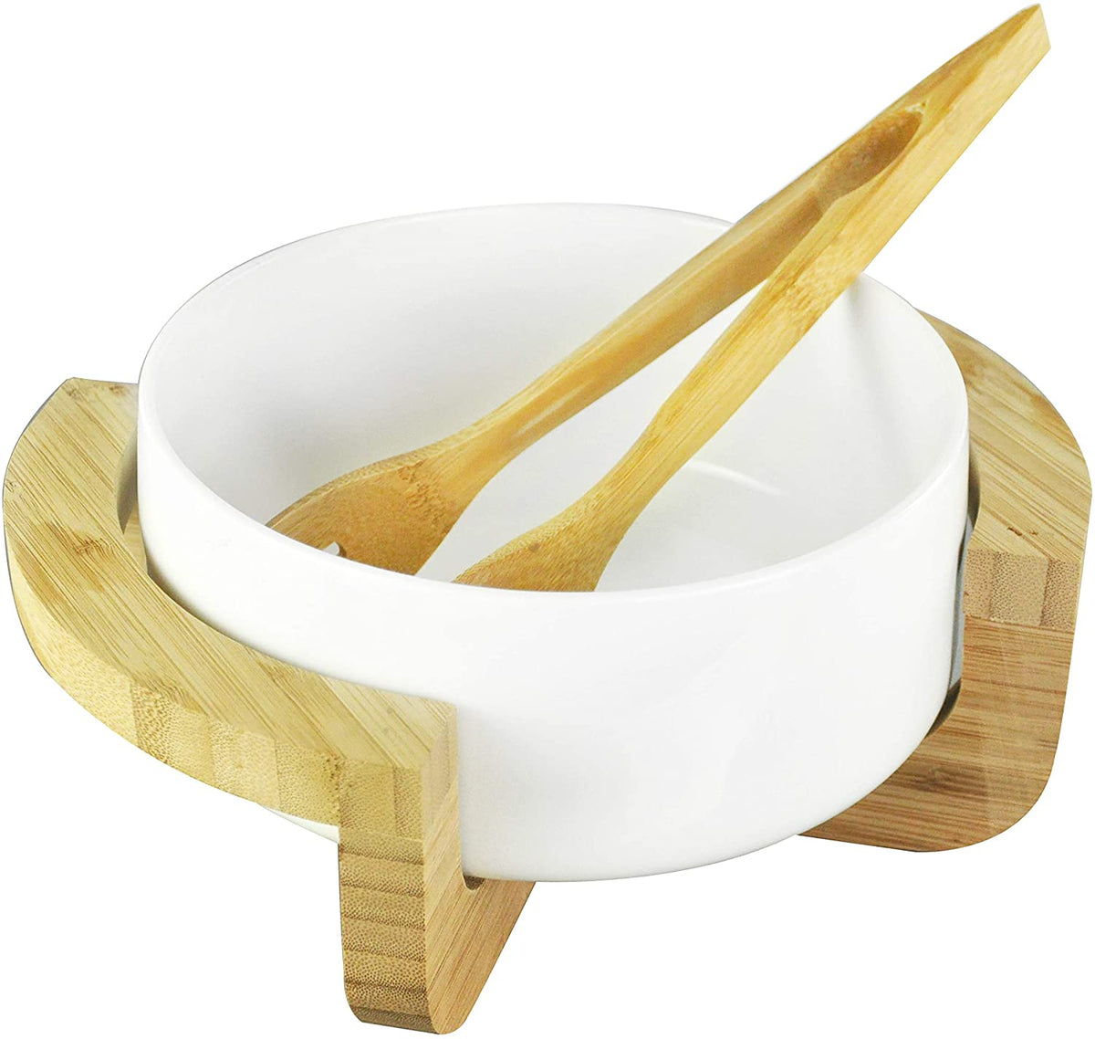 Salatschüssel Servierschüssel Set Bamboo Bowl mit dekorativem Ständer und Servierzange aus echtem Bambusholz Hochwertige Keramik Weiß
