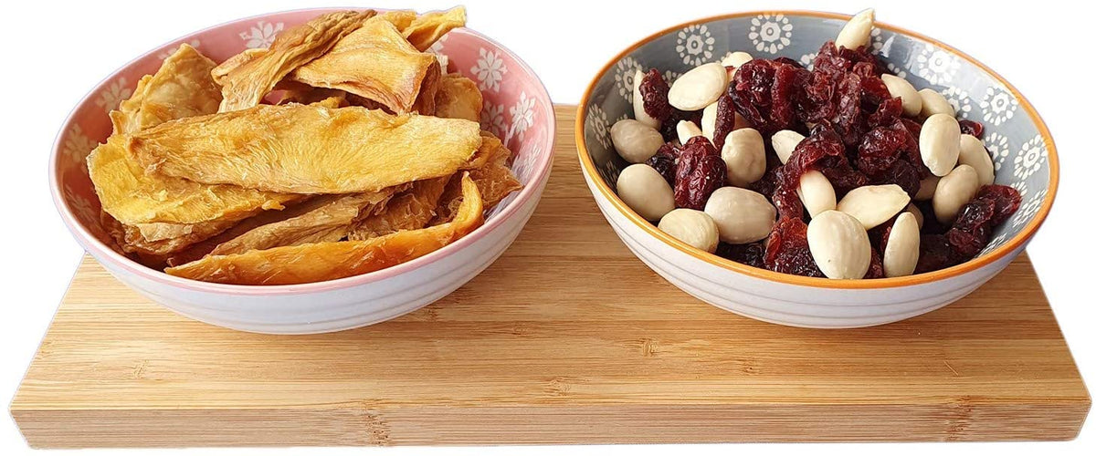 Asiatische Servierschalen Snackschalen mit Servierbrett aus Bambus, Holz Brettchen mit 2 Keramik Schalen