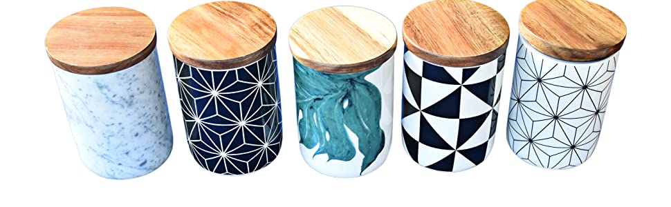 3 Dekorative Aufbewahrungsdosen aus Porzellan mit Deckel aus Akazienholz und Silikondichtung